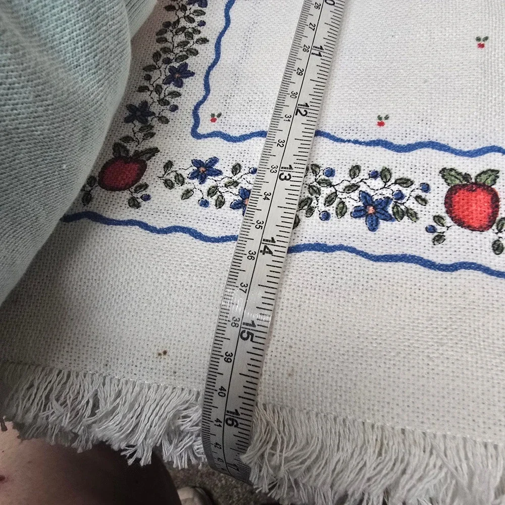 Vintage Square Table Topper‎ White Fringed Apple Blue Floral Cross Stitch 16x16